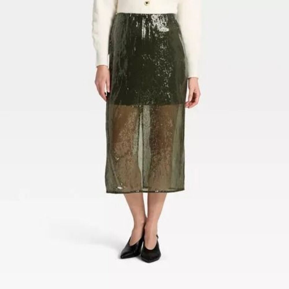 Women's Sequin Midi Skirt - A New Day Olive Green M